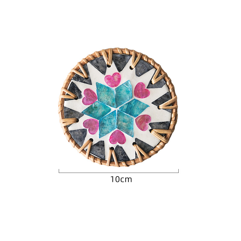V888-ELOSUNG23687-202504141730-00 4 Pcs Beige Background With Blue and Pink flower Handcrafted Rattan Coaster with Natural Shell Inlay - Decorative & Heat Insulating Drink Mat - Image 1