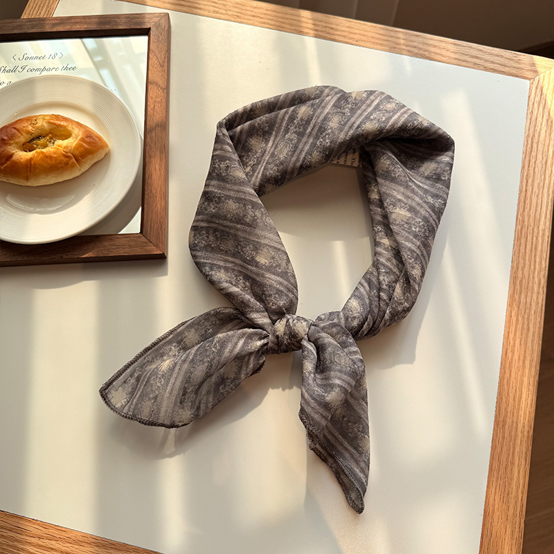 V888-ELOSUNG23695-202504141745-00 Style 11 Dark Grey Versatile Patterned Square Scarf | 65x65cm Lightweight Polyester Neckerchief Headband | Vintage Polka Dot & Floral - Image 1