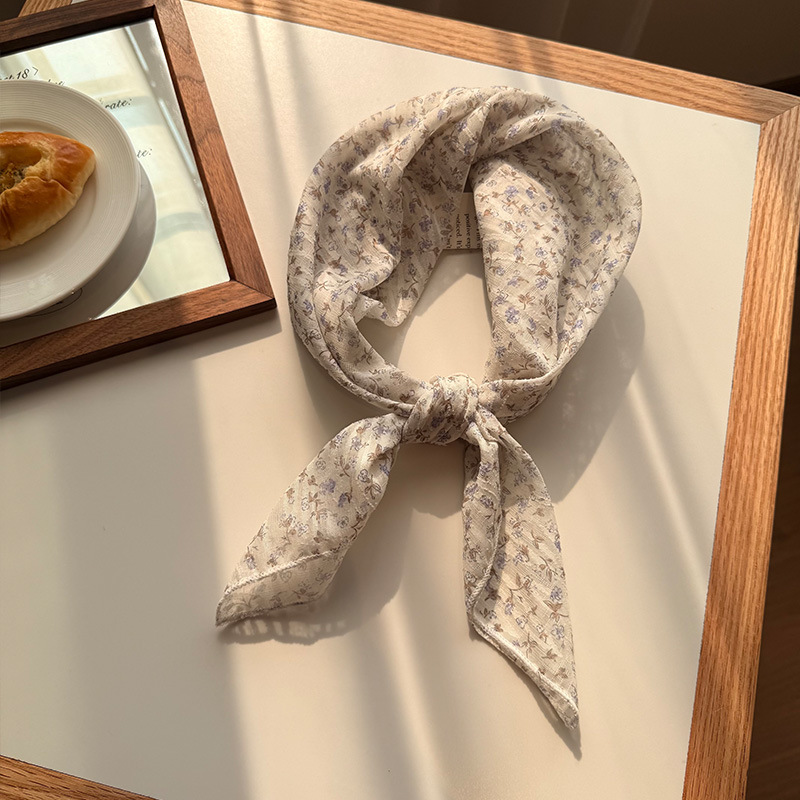 V888-ELOSUNG23697-202504141745-00 Style 15 Beige Versatile Patterned Square Scarf | 65x65cm Lightweight Polyester Neckerchief Headband | Vintage Polka Dot & Floral - Image 1