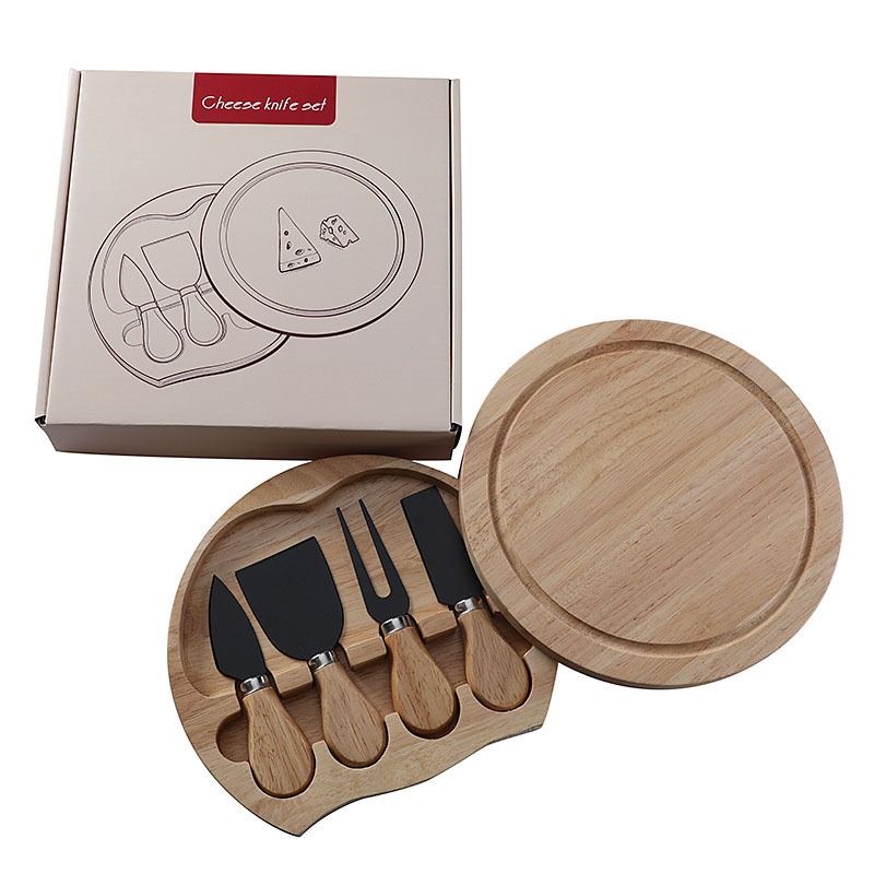 V888-ELOSUNG23803-202504141716-00 Brown And Black Compact Round Rubberwood Cheese Board Set | 4 Stainless Steel Knives & Tools - Image 1