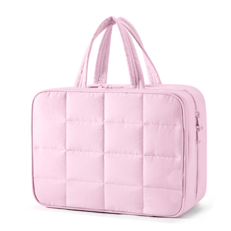 V888-ELOSUNG23865-202504141547-00 Size M Pink Quilted Hanging Toiletry Bag with Jewelry Organizer - Travel Cosmetic Case(28*12*20) - Image 1