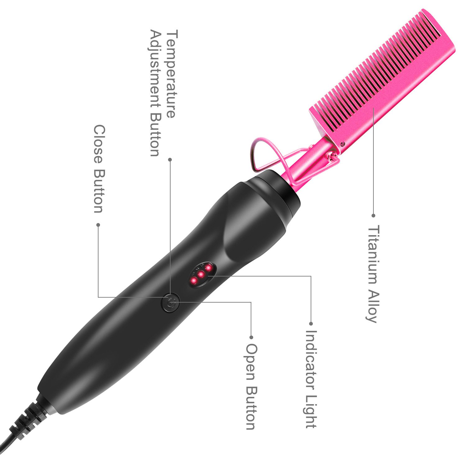 V888-ELOSUNG23920-202504171706-00 Rose Red And Black Electric Hot Comb Hair Straightener - Fast Heating Styling Tool with 3 Temp Settings & Anti-Scald Guard - Image 1