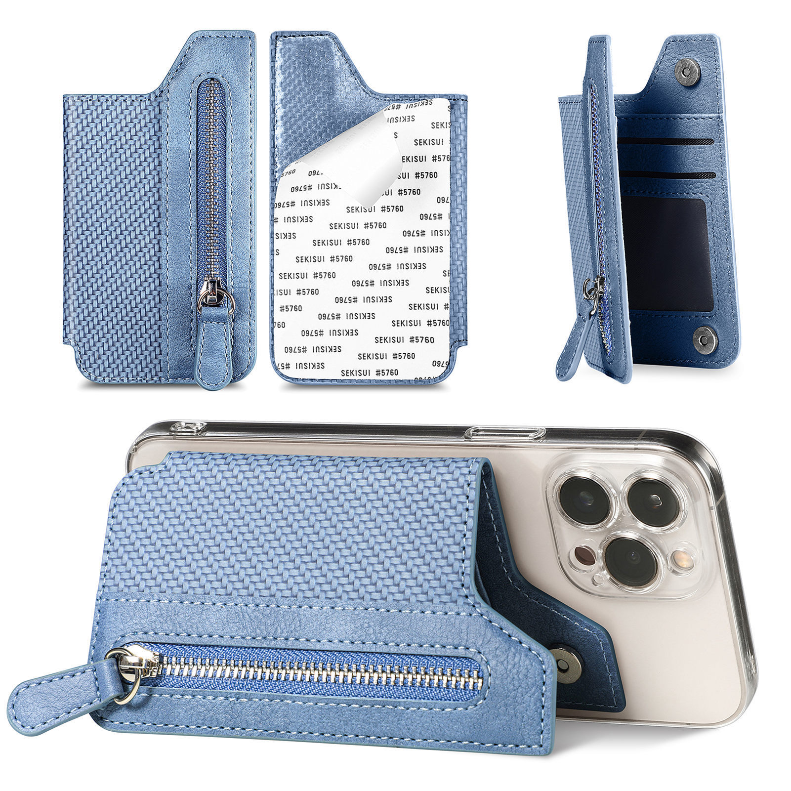 V888-ELOSUNG23959-202504171740-00 2 Pcs Blue Multifunction Stick-On Phone Wallet - PU Leather Card Holder with Zipper & Flip Cover - Image 1