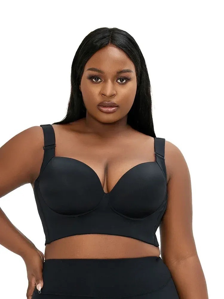 V888-ELOSUNG24044-202503211730-00 38/85B Black Plus-Size Seamless Underwire Bra - Lift & Support Deep V Sports Back Design - Image 1
