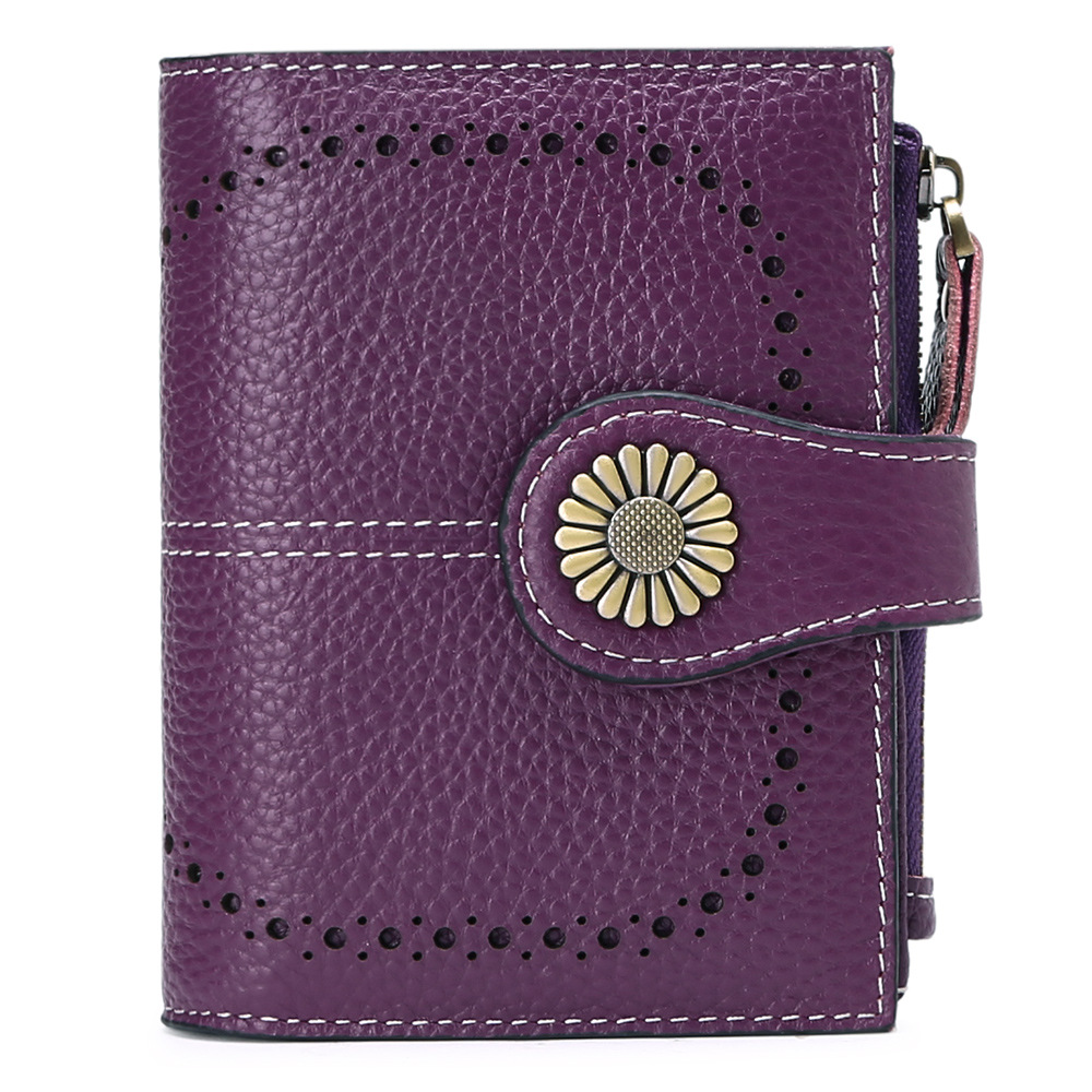 V888-ELOSUNG24299-202503282026-00 Purple (Wrestling) Women's Short Leather Wallet - European Style Waxed Leather Coin Purse with Zipper Card Holder in Red - Image 1