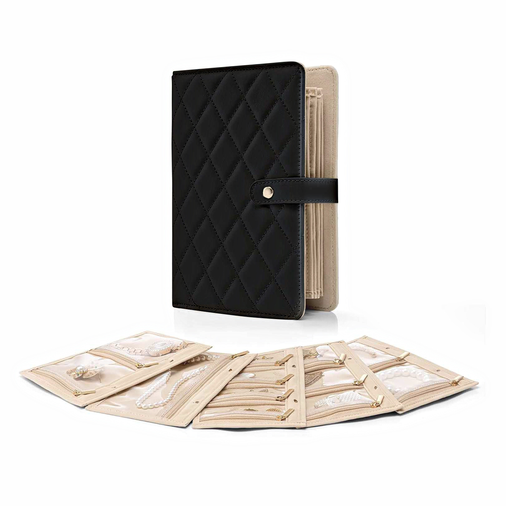 V888-ELOSUNG24491-202504141412-00 Black Foldable Travel Jewelry Organizer - Velvet Zippered Case with Transparent Pages & Detachable Pouches - Image 1