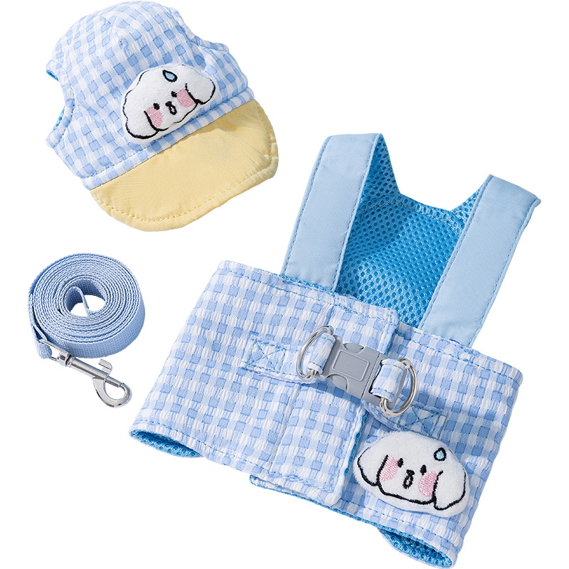 V888-ELOSUNG24599-202504141720-00 S Blue Pet Sun Hat with Adjustable Strap + Leash & Harness 3-Piece Set - Breathable Summer Cap for Dogs & Cats with Ear Holes - Image 1