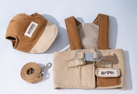 V888-ELOSUNG24607-202504141730-00 L Brown Pet Sun Hat with Adjustable Strap + Leash & Harness 3-Piece Set - Breathable Summer Cap for Dogs & Cats with Ear Holes - Image 1