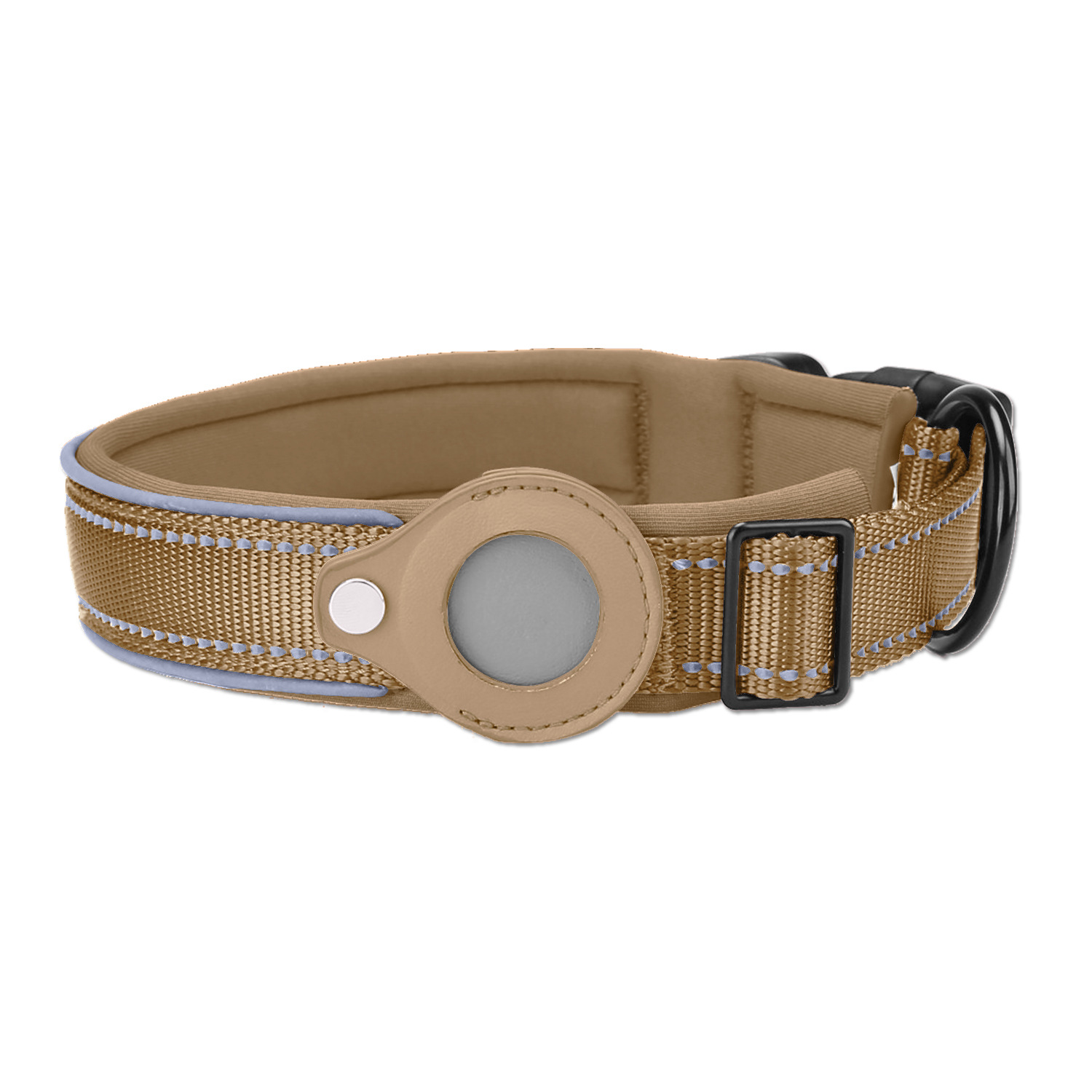 V888-ELOSUNG24665-202504141620-00 M Khaki Secure Nylon Dog Collar with Built-in Apple AirTag (not included) Holder Case - Pet Tracker Accessory - Image 1