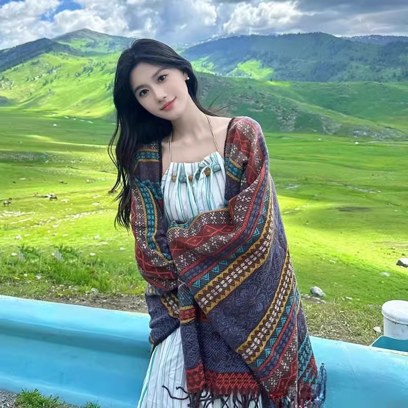 V888-ELOSUNG24677-202504171711-00 Blue Elegant Jacquard Knit Shawl Wrap - Versatile Oversized Scarf (150cm x 130cm) - Image 1