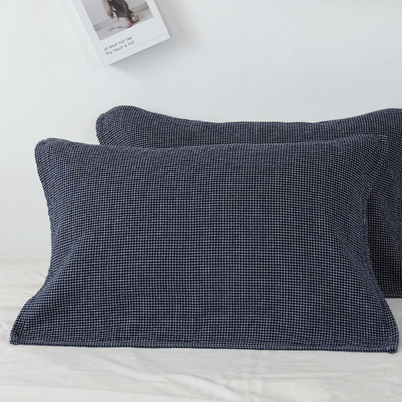 V888-ELOSUNG24712-202504171742-00 Dark Blue Breathable 4-Layer Cotton Gauze Pillow Towel Pair - Japanese Style Grid (52x75cm) - Image 1