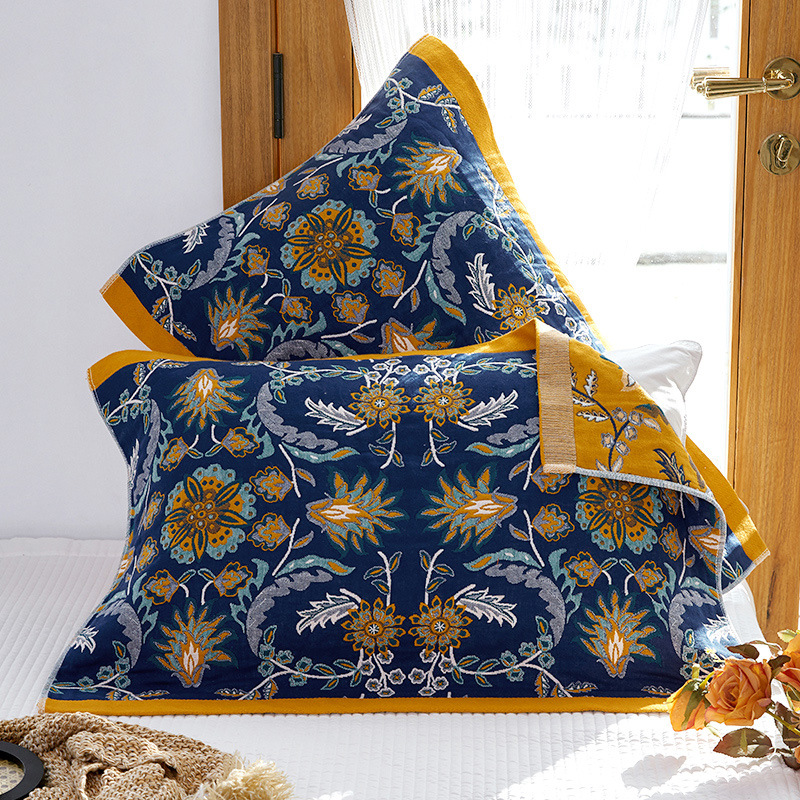 V888-ELOSUNG24721-202504171805-00 Single Blue Floral Pillow Towel Premium Cotton Gauze Pillow Towel Pair - Simple Nordic Style (52x75cm) - Image 1