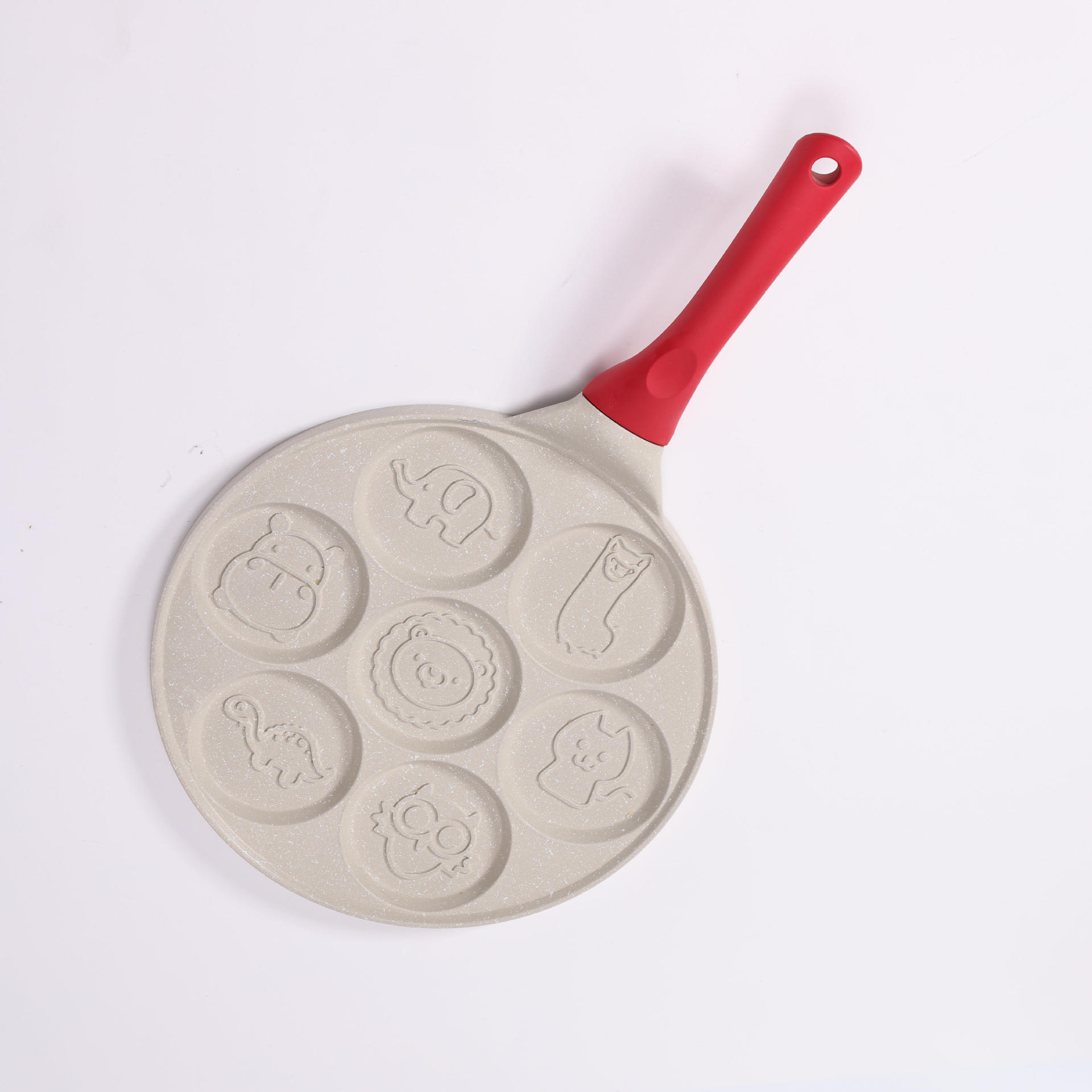 V888-ELOSUNG24753-202504171623-00 Beige Cartoon + Red Handle (Gas Model) Non-Stick Pancake Pan - 7-Hole Fun Shapes Breakfast Griddle (27cm) - Image 1