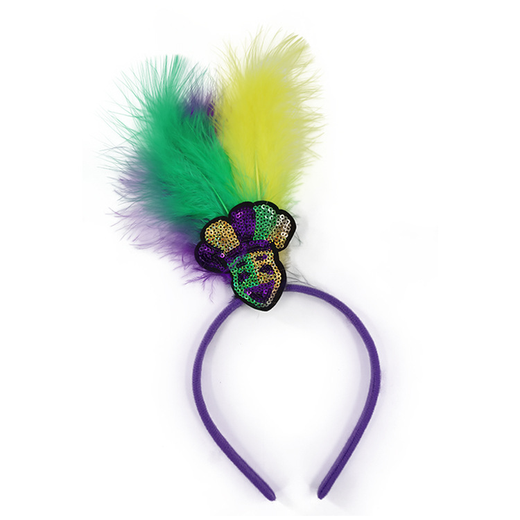 Green Clown Pattern Festive Mardi Gras Feather Headband Set - 10 Pack Sequin Jester Hat Party Accessory