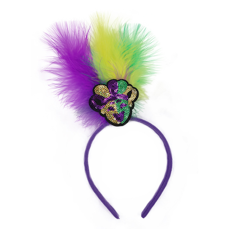 V888-ELOSUNG24871-202504211242-00 Yellow Clown Pattern Festive Mardi Gras Feather Headband Set - 10 Pack Sequin Jester Hat Party Accessory - Image 1