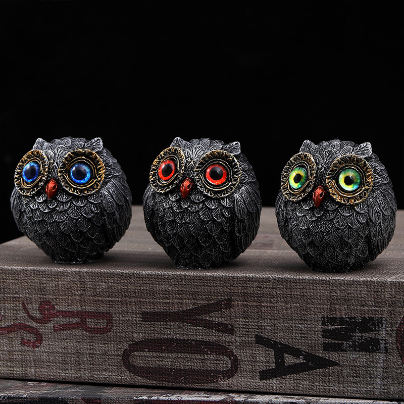 V888-ELOSUNG24940-202504211331-00 Set of Three Groups of Three Colors Small Decorative Resin Owl Figurine - Textured Statue with Blue Eyes(Blue, Green, Red) - Image 1