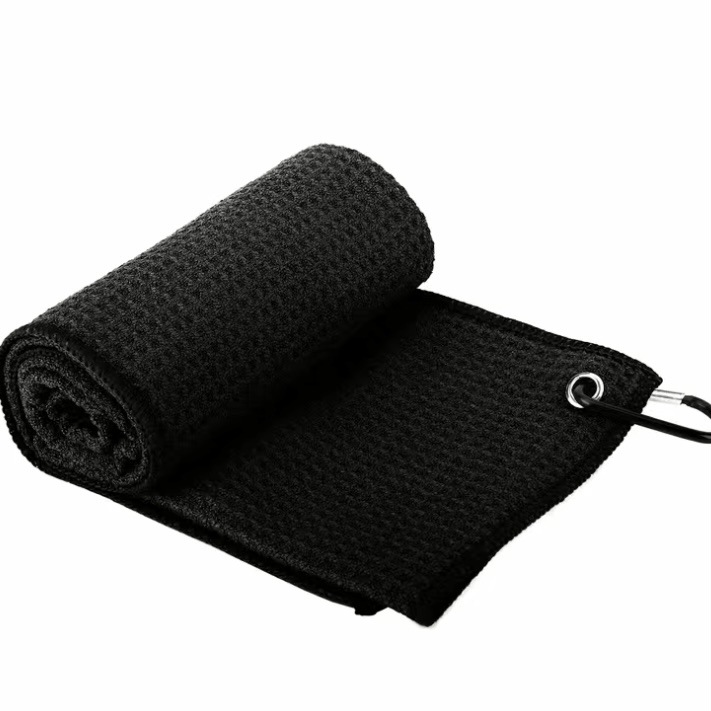 V888-ELOSUNG24975-202504221145-00 Black Microfiber Waffle Weave Golf Towel Set - 4 Pack (40x60cm) - Ultra Absorbent & Quick Drying - Image 1