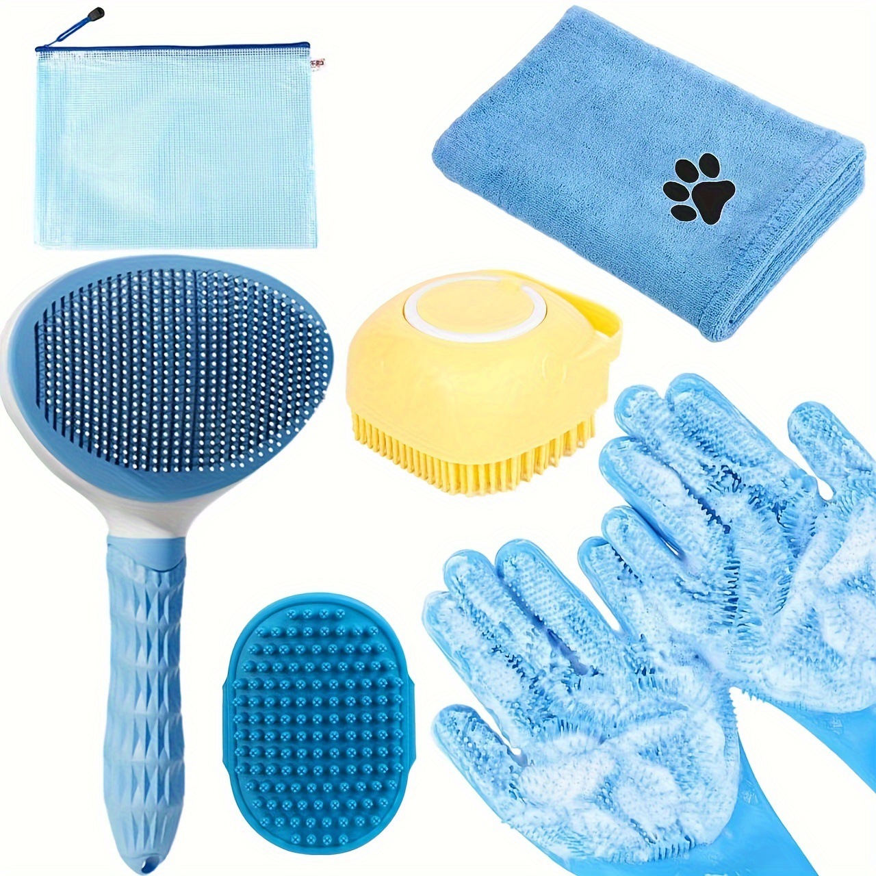 V888-ELOSUNG24979-202504221146-00 Blue 6-Piece Dog Grooming Bath Set - Absorbent Microfiber Towels & Wash Mitts for Shiny Coats - Image 1