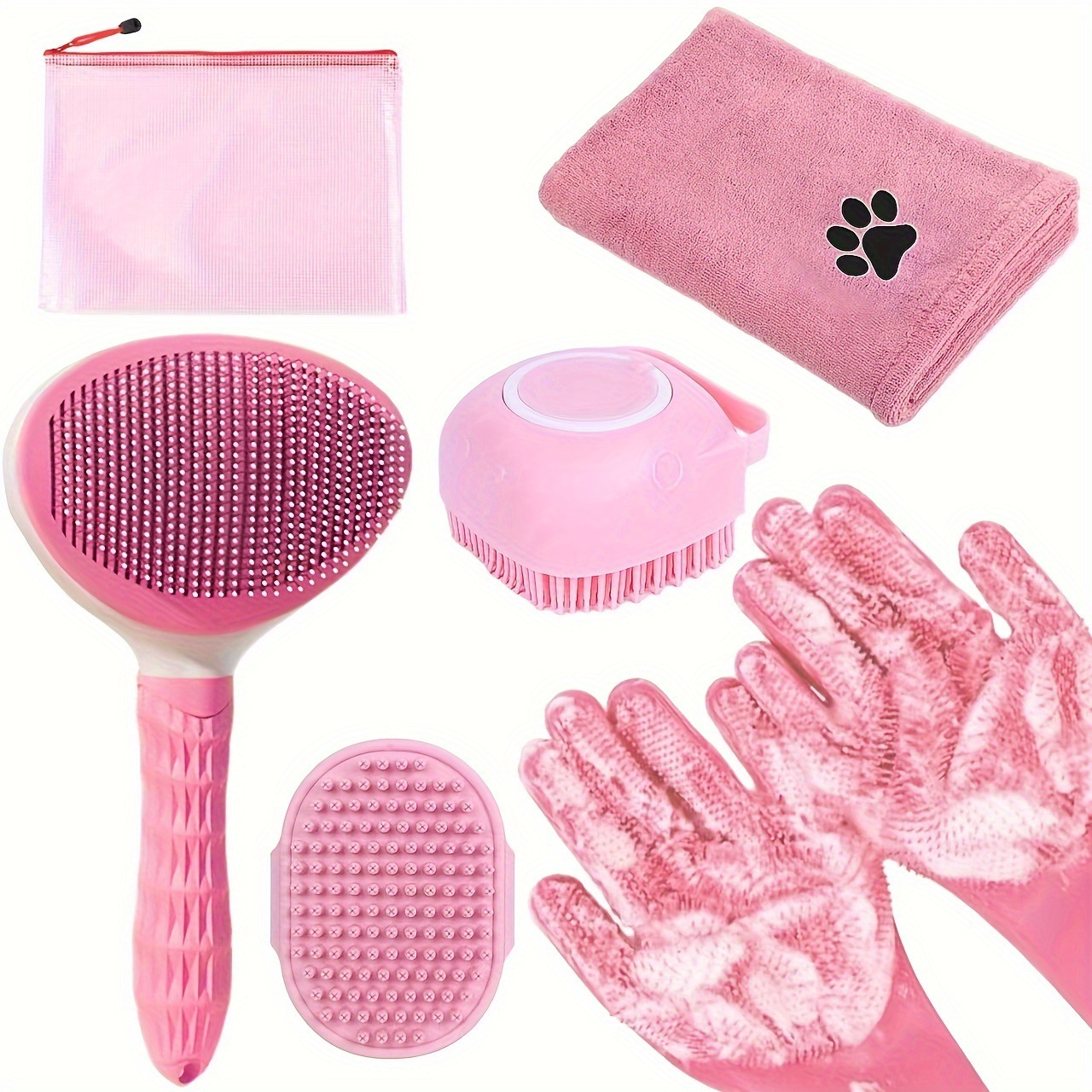 V888-ELOSUNG24981-202504221146-00 Pink 6-Piece Dog Grooming Bath Set - Absorbent Microfiber Towels & Wash Mitts for Shiny Coats - Image 1