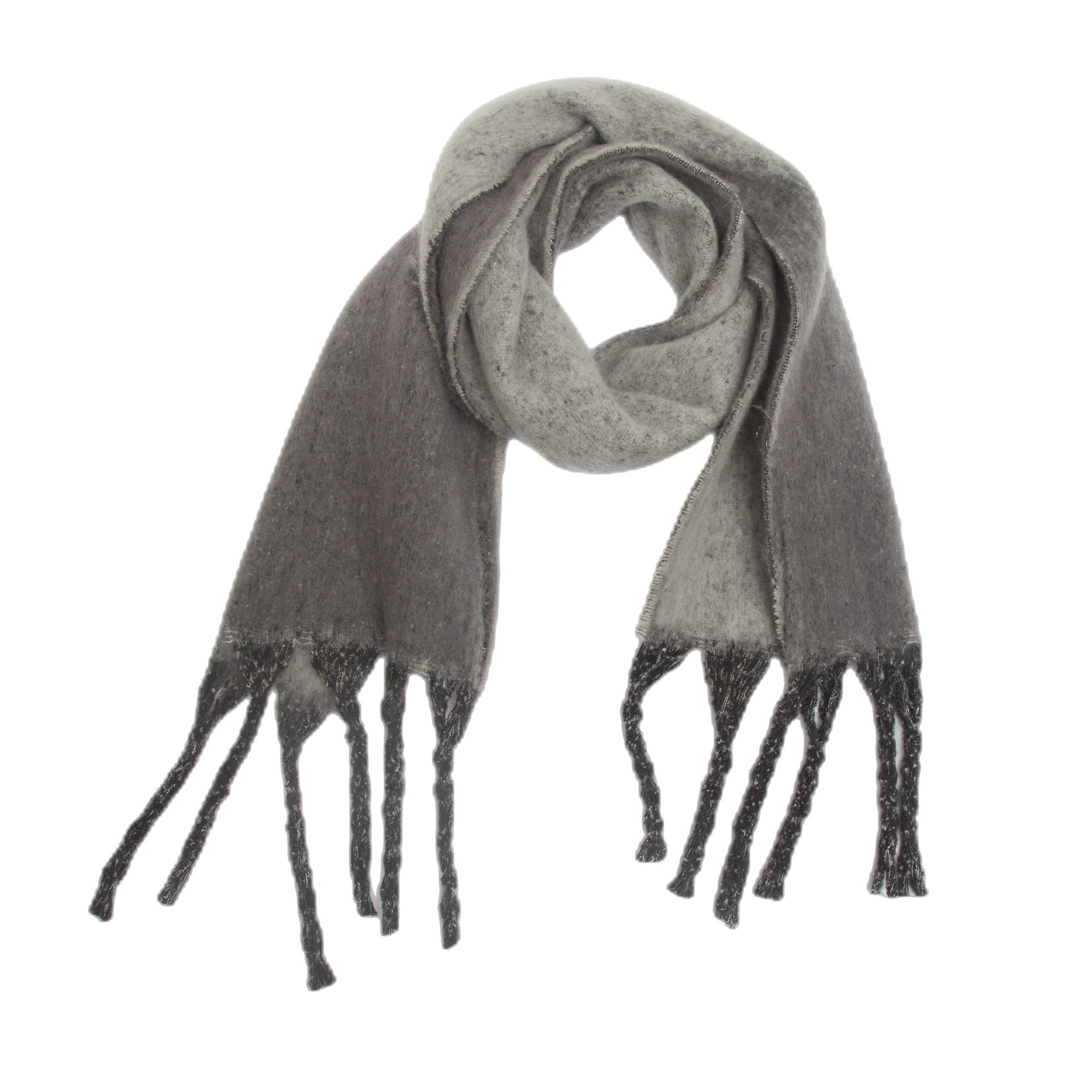 V888-ELOSUNG24990-202504221152-00 Grey Plush Gradient Winter Scarf Shawl - Thick Textured Circle Yarn with Chunky Tassels - 185cm x 40cm - Image 1