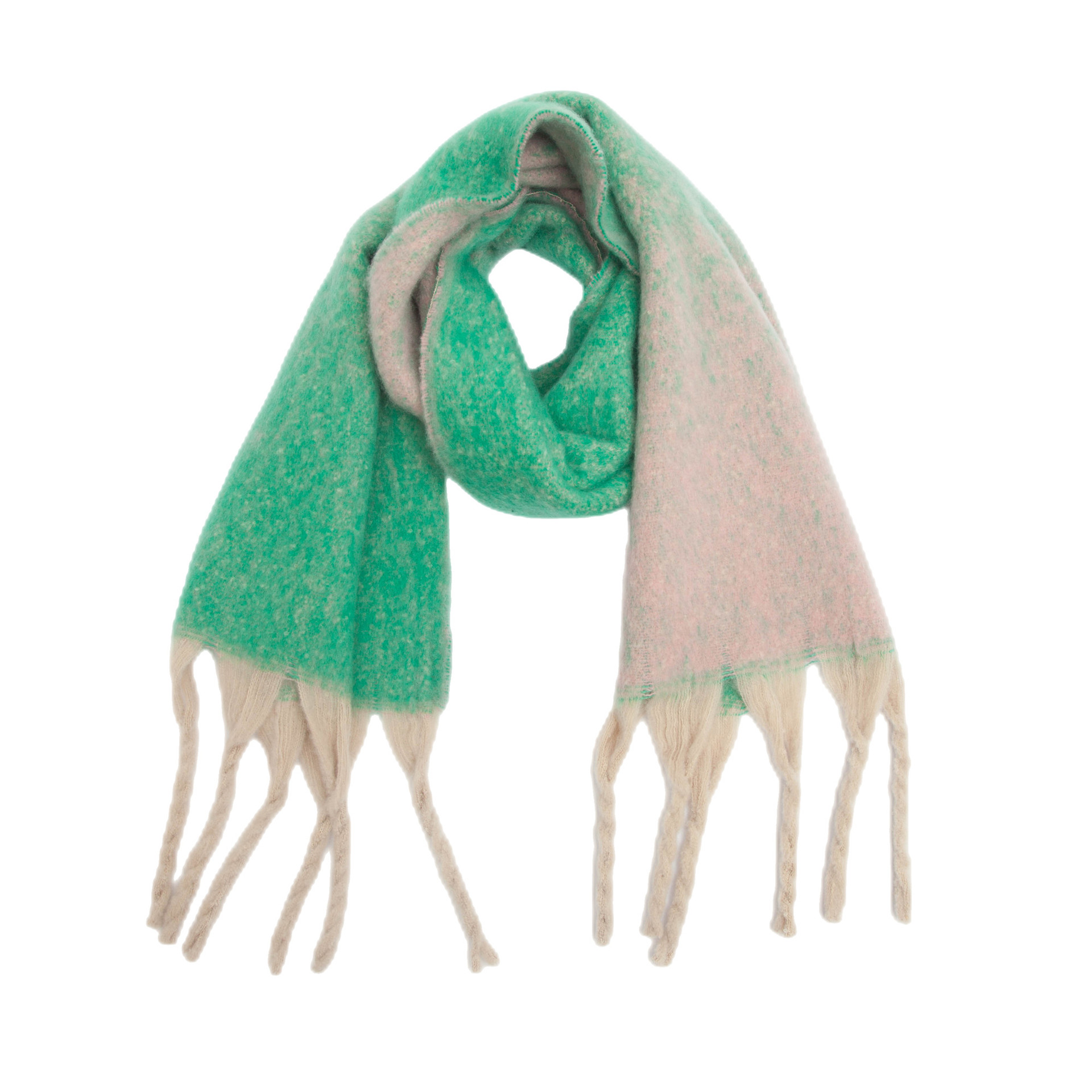 V888-ELOSUNG24992-202504221152-00 Green-beige Plush Gradient Winter Scarf Shawl - Thick Textured Circle Yarn with Chunky Tassels - 185cm x 40cm - Image 1