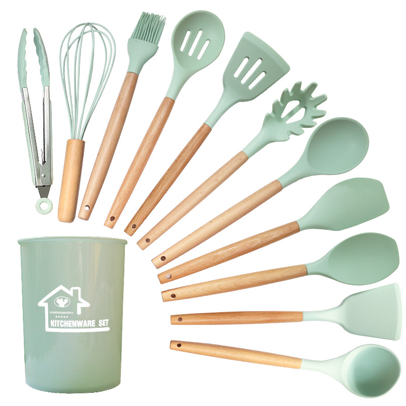 V888-ELOSUNG25202-202504211142-00 Light Green 11-Piece Silicone Kitchen Utensil Set with Wooden Handles and Storage Bucket - Heat Resistant and Non-Stick - Image 1