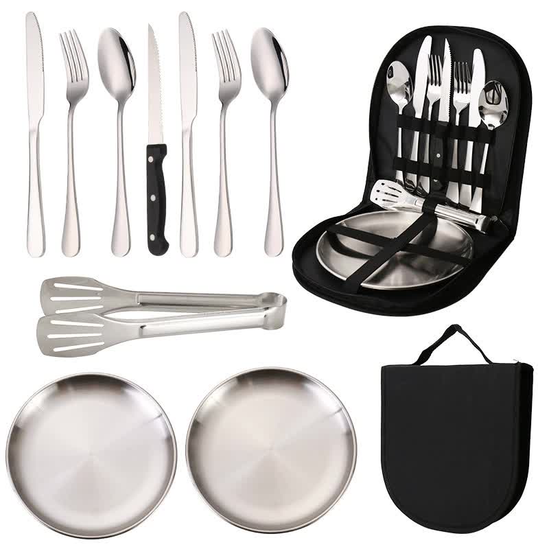 V888-ELOSUNG25205-202504211232-00 6-Piece Portable Stainless Steel Cutlery Set with Plate and Bag - Silver, Great for Camping and Travel (Steak Knife) - Image 1