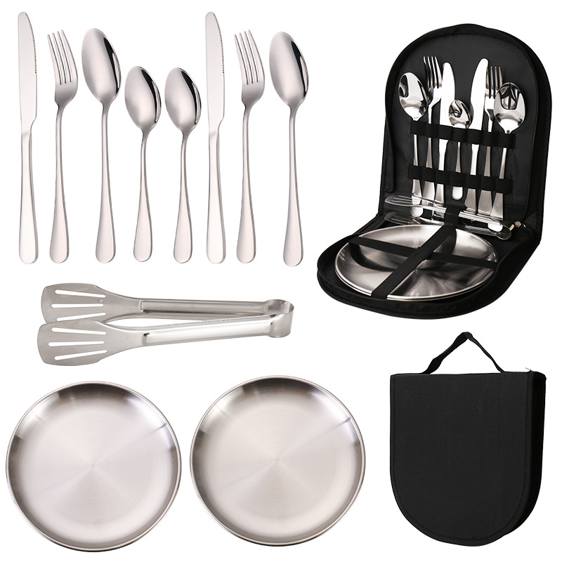 V888-ELOSUNG25209-202504211233-00 6-Piece Portable Stainless Steel Cutlery Set with Plate and Bag - Silver, Great for Camping and Travel (Teaspoon) - Image 1
