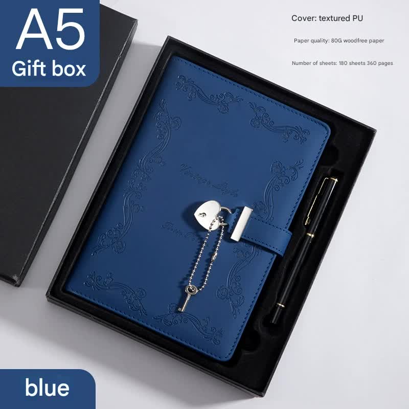V888-ELOSUNG25273-202504211332-00 Heart Lock Diary with Key - Vintage Style Journal, Blue PU Leather, Secure and Elegant - Image 1