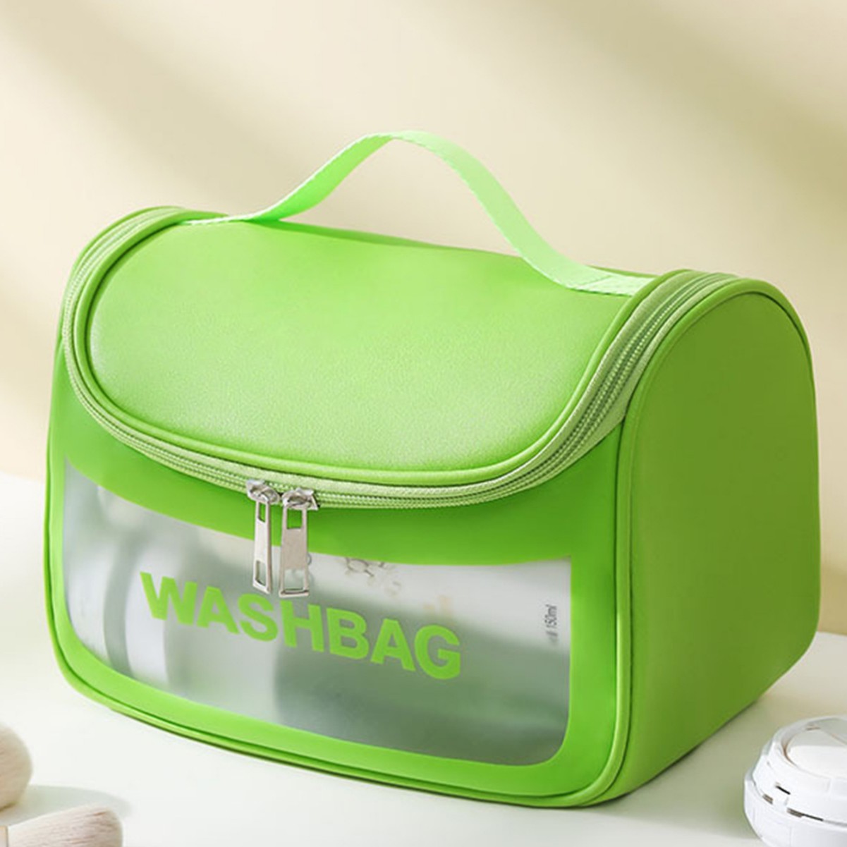 V888-ELOSUNG25393-202504281531-00 PVC Transparent Cosmetic Bag,Waterproof Portable Travel Organizer with Handle(Green) - Image 1
