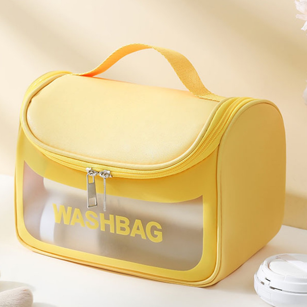 V888-ELOSUNG25394-202504281531-00 PVC Transparent Cosmetic Bag,Waterproof Portable Travel Organizer with Handle(Yellow) - Image 1