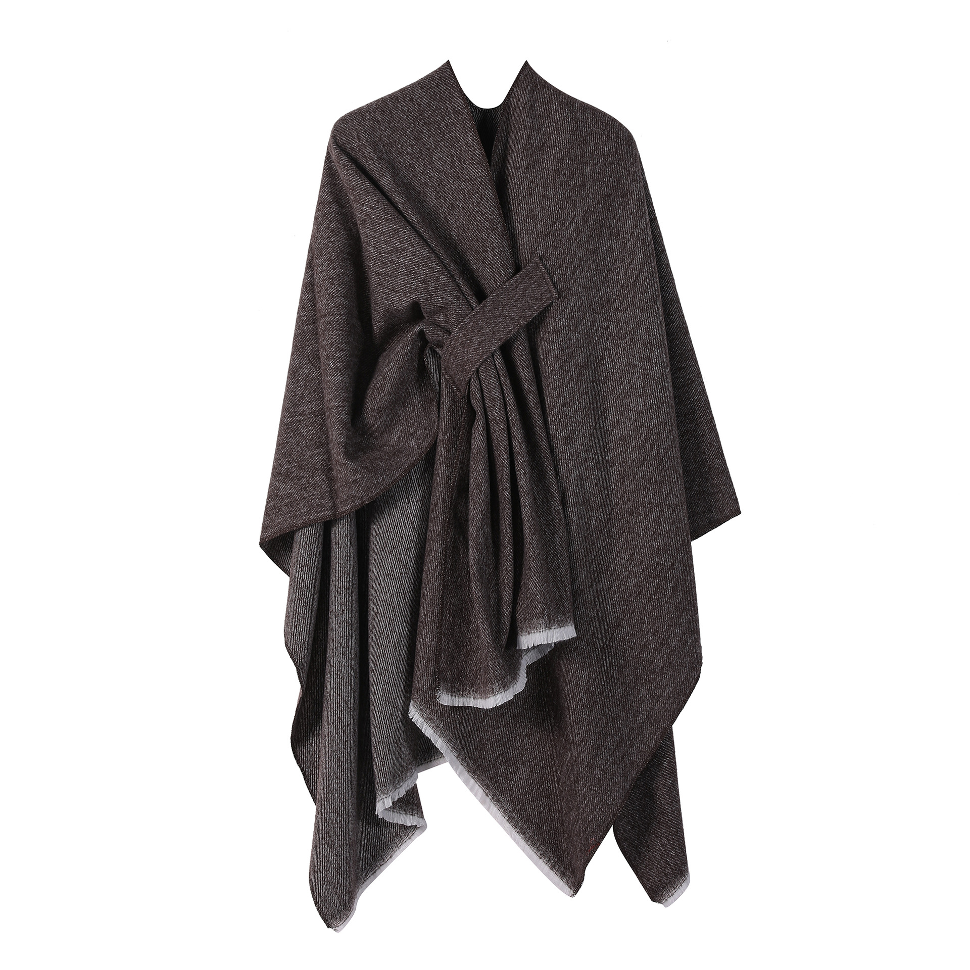 V888-ELOSUNG25428-202504281326-00 Solid Knit Poncho Shawl,Warm Fall/Winter Cape with Slit and Crossbar Design(Coffee) - Image 1