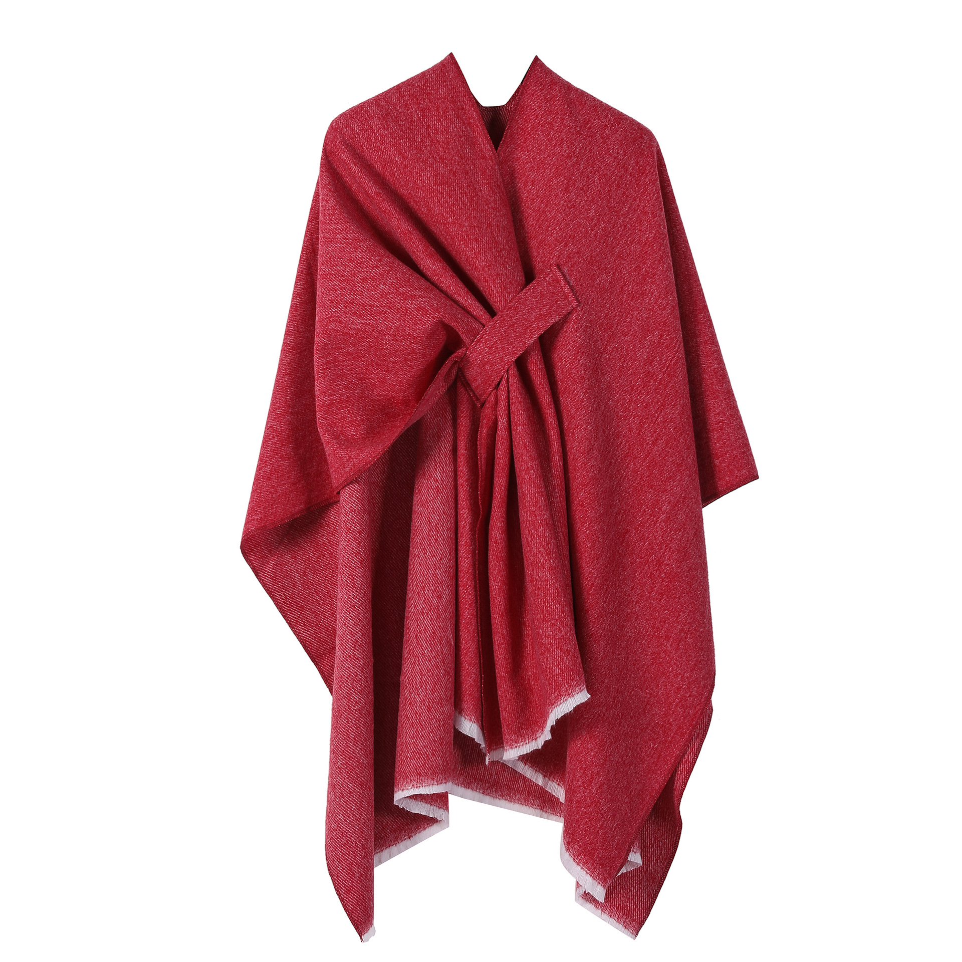 V888-ELOSUNG25431-202504281327-00 Solid Knit Poncho Shawl,Warm Fall/Winter Cape with Slit and Crossbar Design(Red) - Image 1