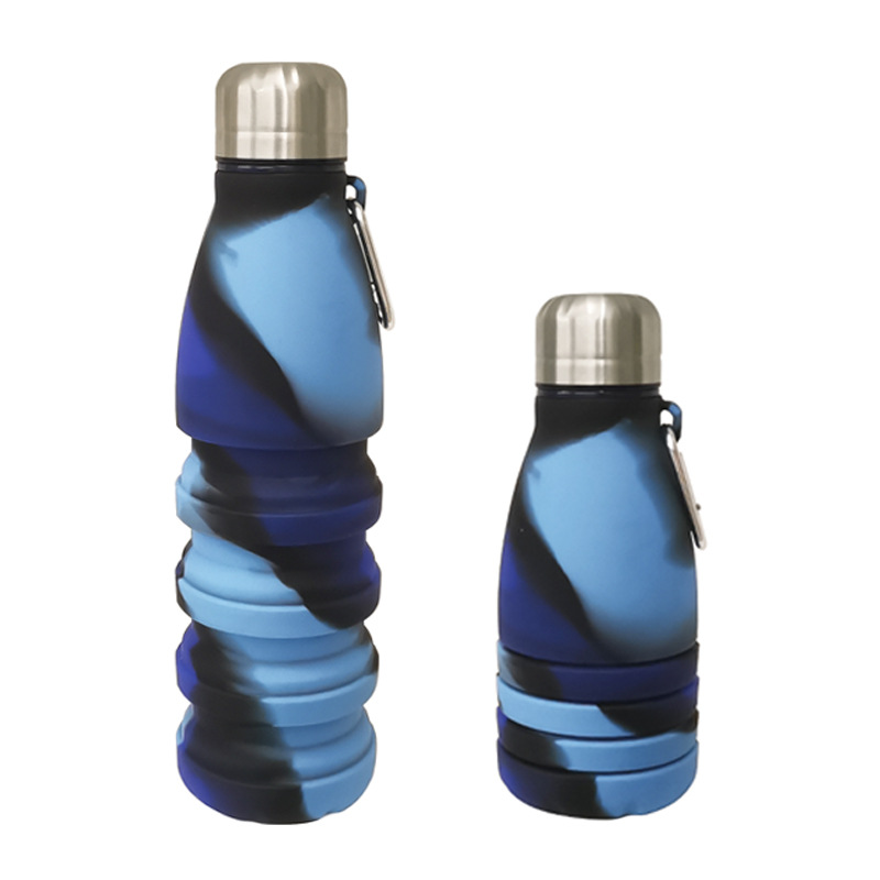 V888-ELOSUNG25454-202504281213-00 Camouflage blue Collapsible Silicone Water Bottle - Portable Sports Hydration Flask with Carabiner, 550ml/300ml - Image 1