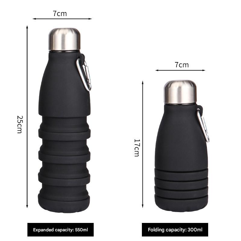 V888-ELOSUNG25458-202504281220-00 Black Collapsible Silicone Water Bottle - Portable Sports Hydration Flask with Carabiner, 550ml/300ml - Image 1