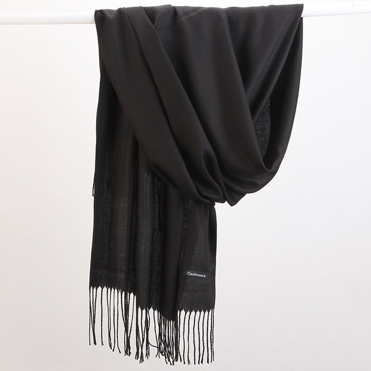 V888-ELOSUNG25497-202504281546-00 2pc Luxe Soft Imitation Cashmere Scarf - Warm Solid Tone Shawl with Elegant Fringe(Pure black) - Image 1
