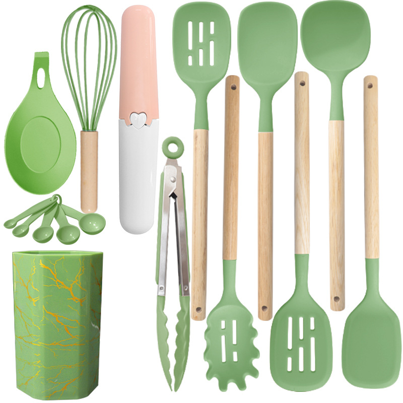 V888-ELOSUNG25508-202504281227-00 Bamboo Leaf Green 12-Piece Silicone Cooking Utensil Set - Non-Stick Food-Grade Kitchen Tools with Holder - Image 1