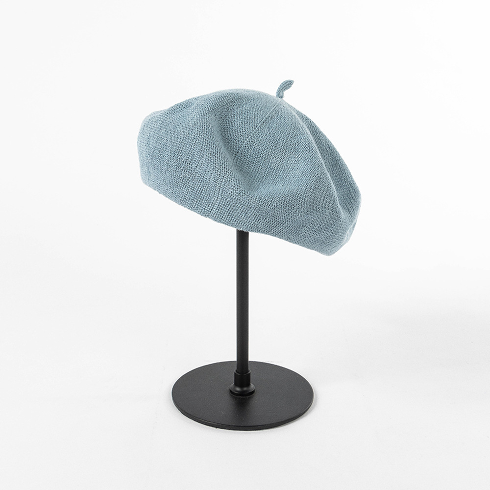 V888-ELOSUNG25512-202504281236-00 Gray-blue Linen Knit Beret - Classic Soft and Stylish Headwear - Image 1