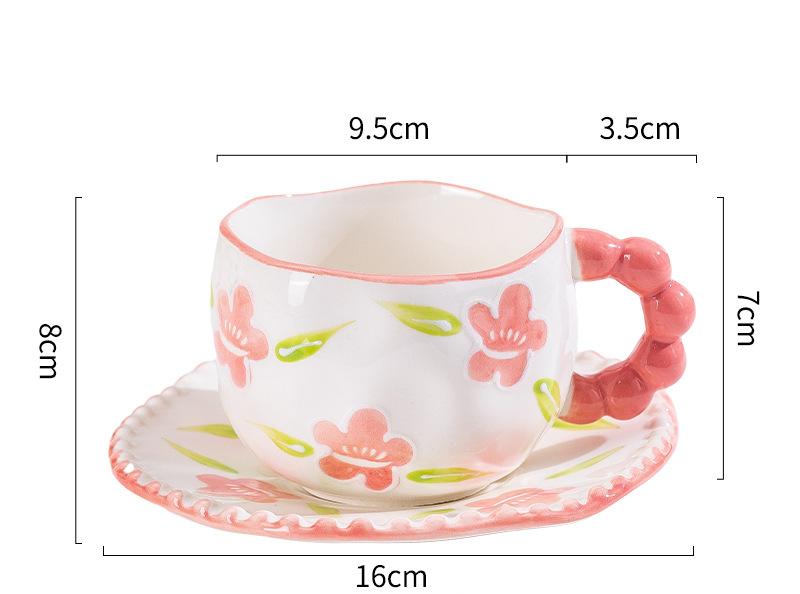 V888-ELOSUNG25560-202504281420-00 Hand-Painted Ceramic Coffee Mug and Saucer Set - Whimsical Afternoon Tea Cup with Spoon(Smiley pink flower) - Image 1