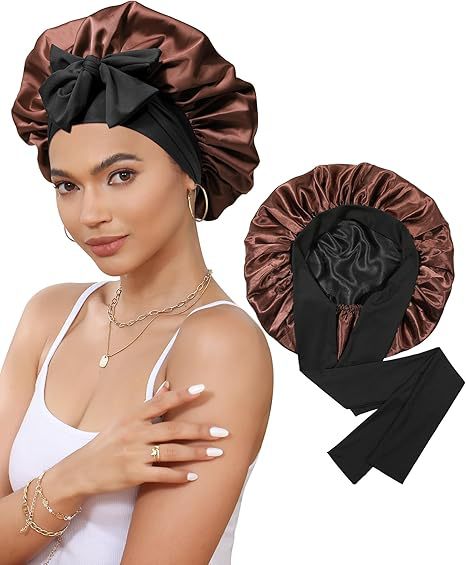 V888-ELOSUNG25640-202505081707-00 Luxury Double-Sided Satin Bonnet with Elastic Band(Black + brown lining) - Image 1