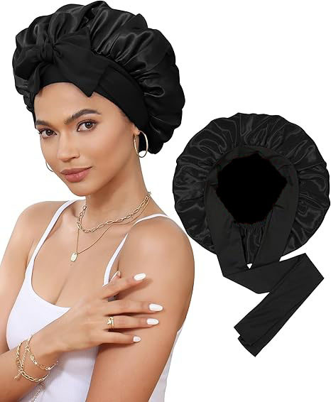 V888-ELOSUNG25641-202505081707-00 Luxury Double-Sided Satin Bonnet with Elastic Band(Black + black lining) - Image 1