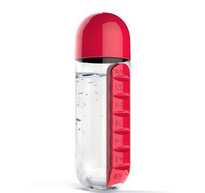 V888-ELOSUNG25826-202505131918-00 2pc 2-in-1 Water Bottle with 7-Day Pill Organizer - 600ml BPA-Free, Portable & Leakproof(Red) - Image 1