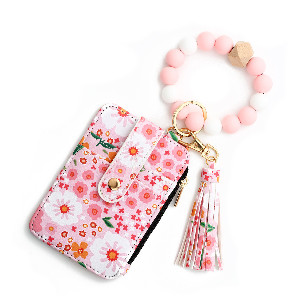 V888-ELOSUNG25906-202505151811-00 Floral Slim Card Holder Wallet with Beaded Keychain Bracelet & Tassel - 4 Card Slots, ID Window(Light pink) - Image 1