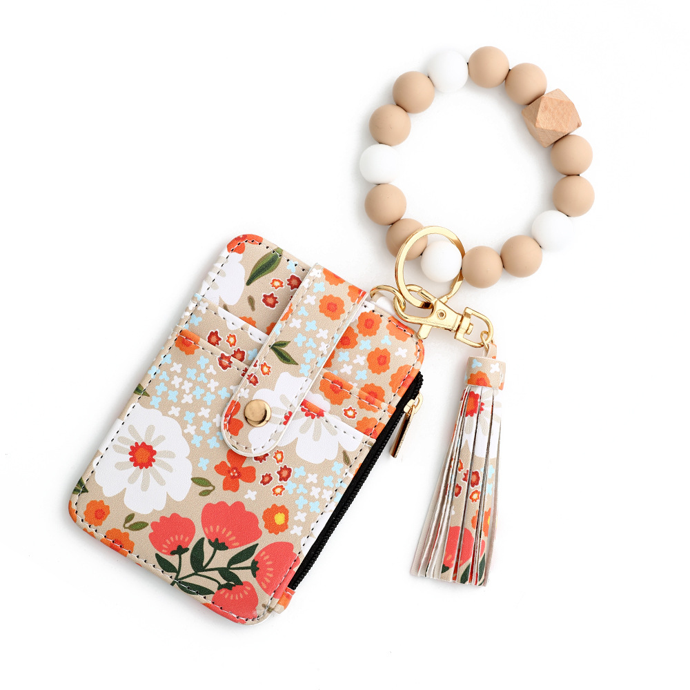 V888-ELOSUNG25910-202505151805-00 Floral Slim Card Holder Wallet with Beaded Keychain Bracelet & Tassel - 4 Card Slots, ID Window(Khaki) - Image 1