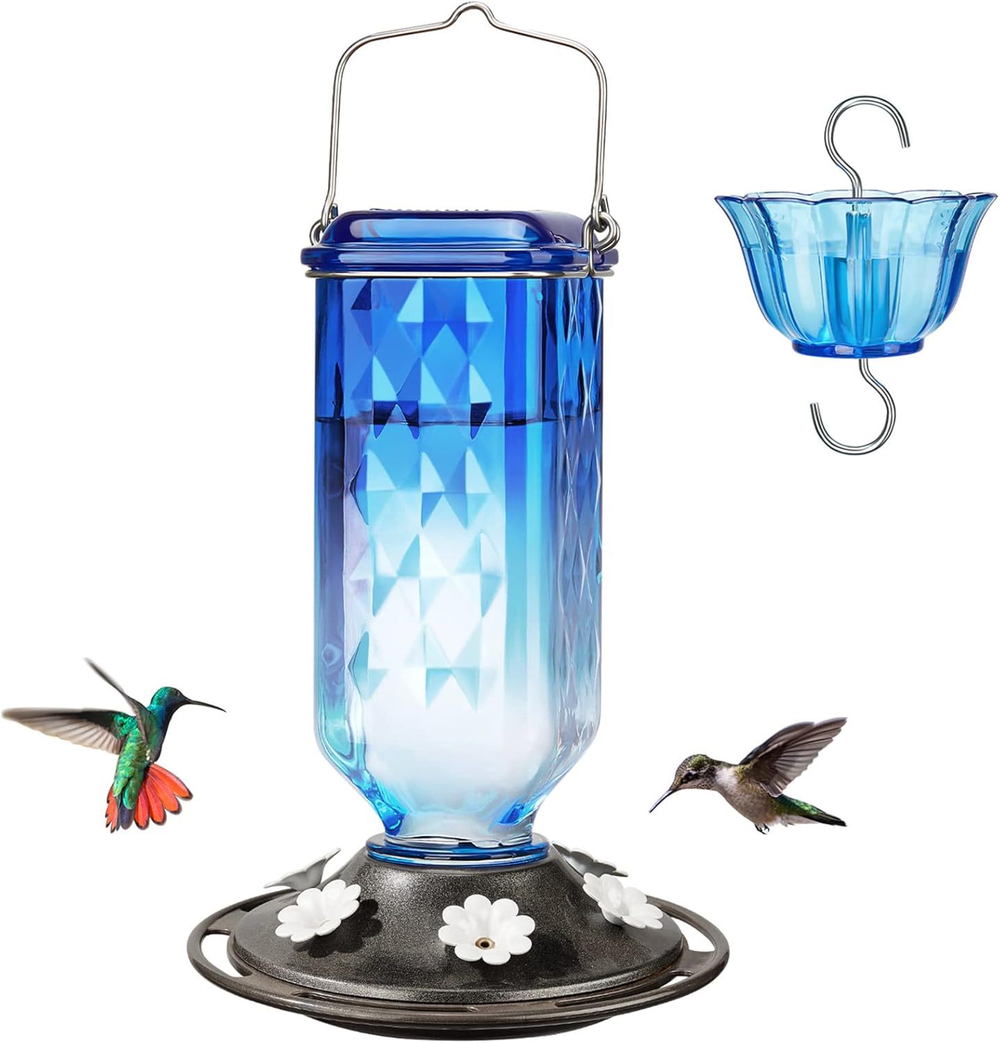 V888-ELOSUNG25956-202505191210-00 Elegant Hanging Hummingbird Feeder - Decorative Plastic Nectar Bottle with Ant Moat, 6 Feeding Ports(Blue) - Image 1