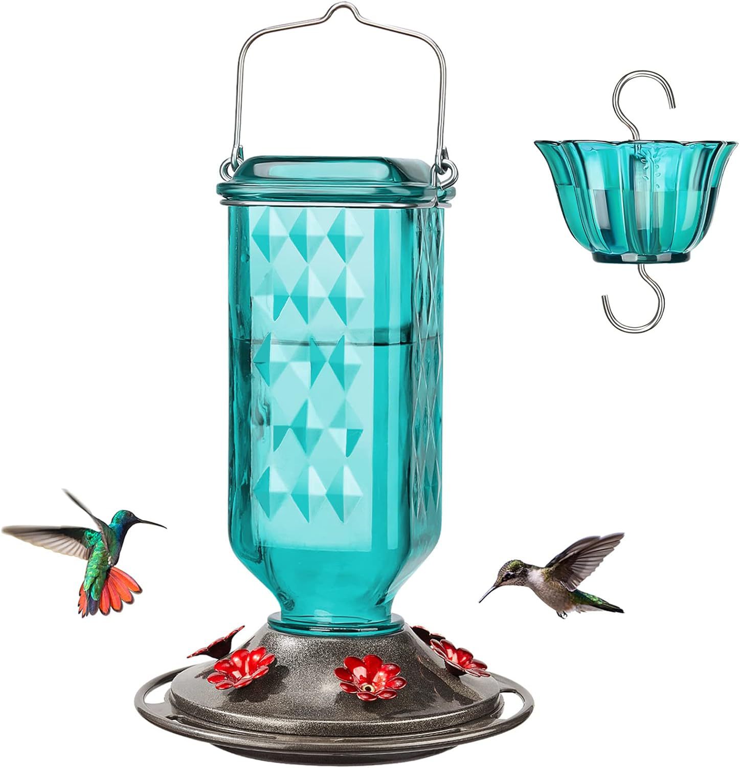 V888-ELOSUNG25957-202505191210-00 Elegant Hanging Hummingbird Feeder - Decorative Glass Nectar Bottle with Ant Moat, 6 Feeding Ports(Green) - Image 1