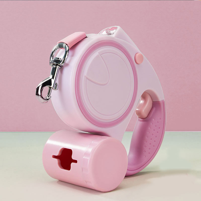 V888-ELOSUNG26014-202504141740-00 Pink 3M Retractable Dog Leash - Built-in LED Light (No Batteries) and Bag Holder - Image 1