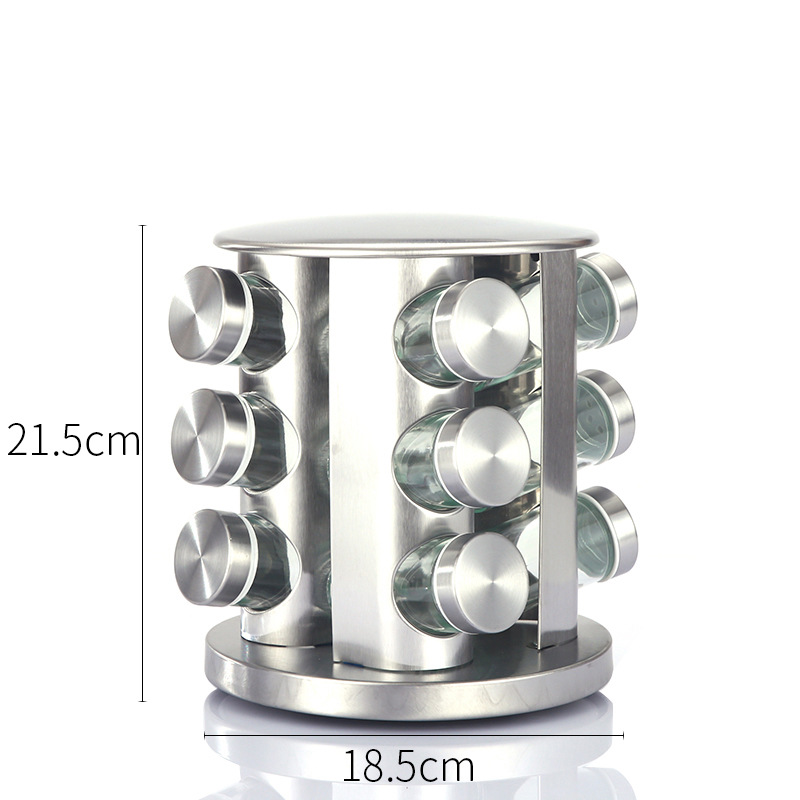 V888-ELOSUNG26113-202504171741-00 Modern stainless steel round rotating spice rack with 12 empty glass jars (88 ml each) - Image 1
