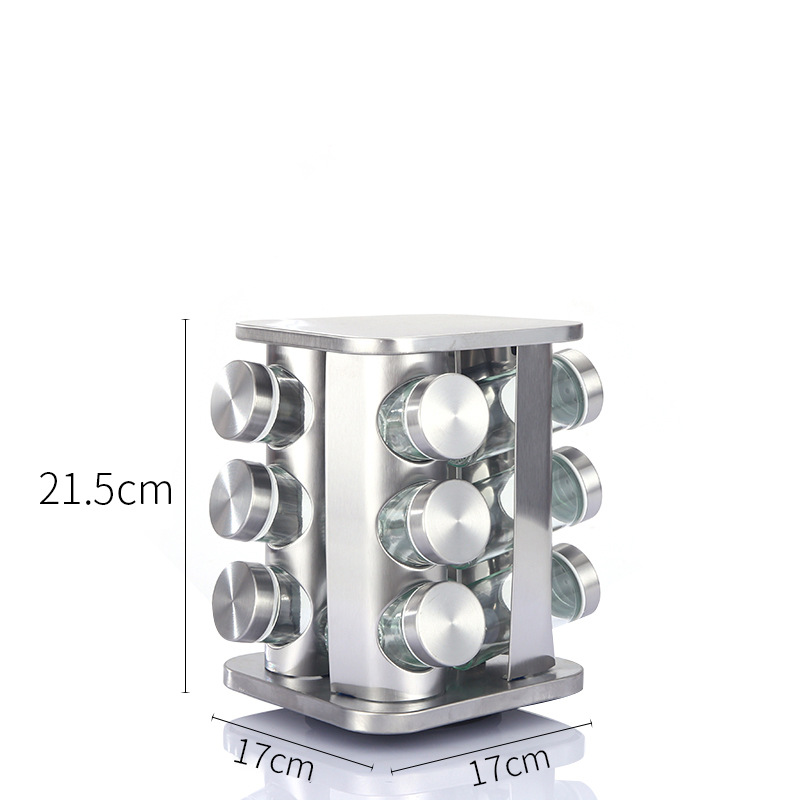 V888-ELOSUNG26114-202504171742-00 Modern stainless steel rounded corner rotating spice rack with 12 empty glass jars (88 ml each) - Image 1