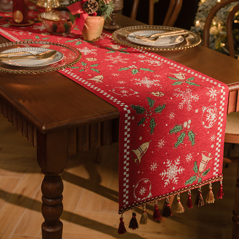 V888-ELOSUNG26144-202504171822-00 Red Christmas Table Runner with Tassels - Festive Snowflake & Bell Print (35*240cm) - Image 1